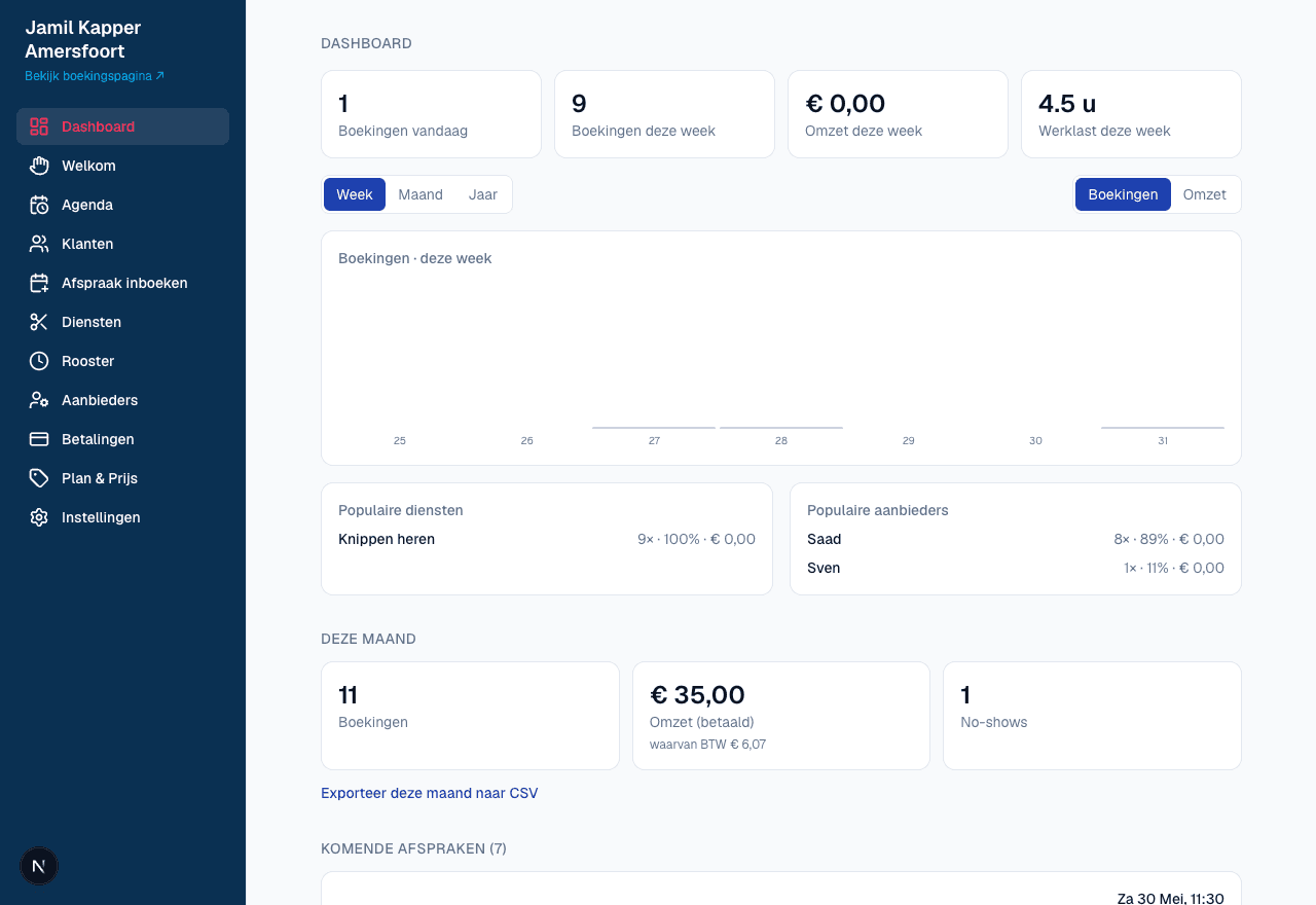 Het Klanttijd-beheerdashboard: boekingen, omzet en agenda in één overzicht