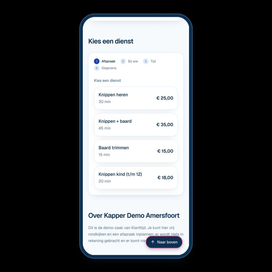 Telefoon met de boekingspagina van de demo-zaak: de klant kiest uit de dienstenlijst met duur en prijs