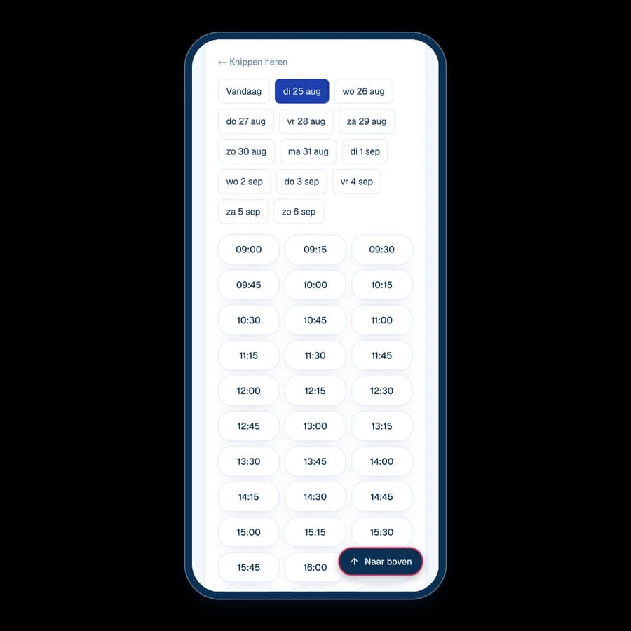 Telefoon met de boekingsstap waarin de klant een dag en daarna een vrij tijdstip kiest