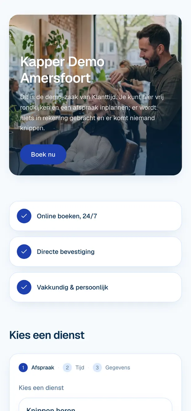 De boekingspagina van een zaak, met foto, diensten en prijzen