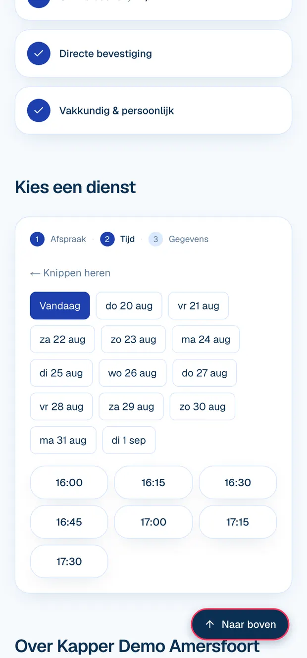 De boekstap waarin een klant een dag en een tijd kiest